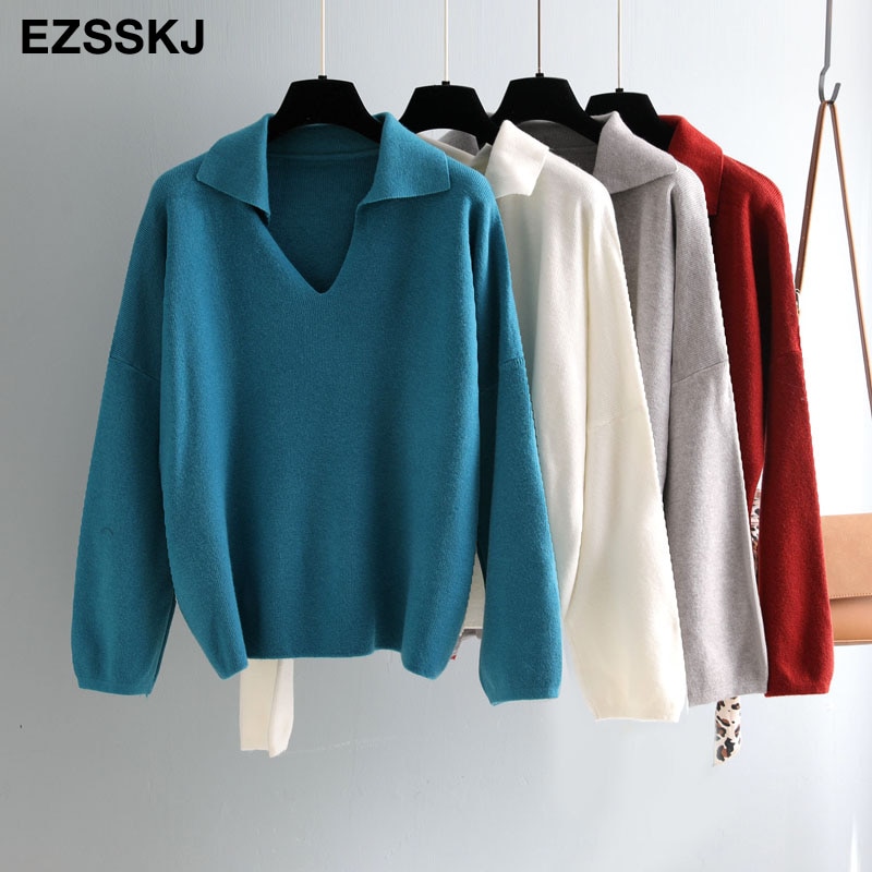 chic turn down collar oversize autumn winter Sweater Women Pullover Casual Long Sleeve loose Sweater Female Jumpers