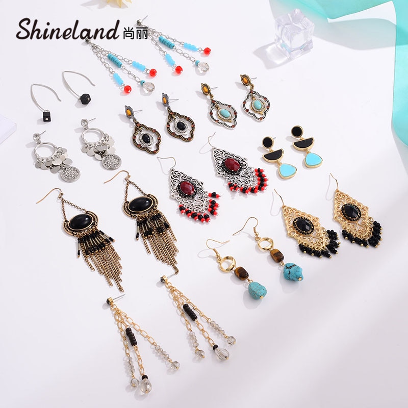 Shineland Goedkope Bohemian Vintage Etnische Bungelt Voor Vrouwen Kwastje Lange Kralen Brincos Mode-sieraden