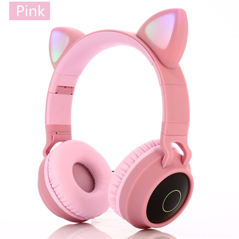 Bluetooth Sans Fil Chat Oreilles Casque Avec Micro, Enfant Mignon Fille Stéréo Musique Casque Pliable CASQUE LED: Headset028 Pink