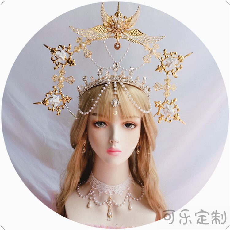 Gothique Lolita KC gothique or Halo ailes d'ange soleil marraine vierge marie déesse casque perle chaîne mariée cheveux accessoires