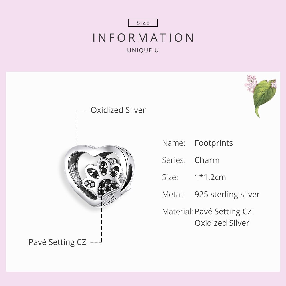 WOSTU 925 Sterling Silver Heart Dog Paw Beads Black Enamel Zircon Charm Fit Original Bracelet DIY Jewelry Making CQC1191-BK