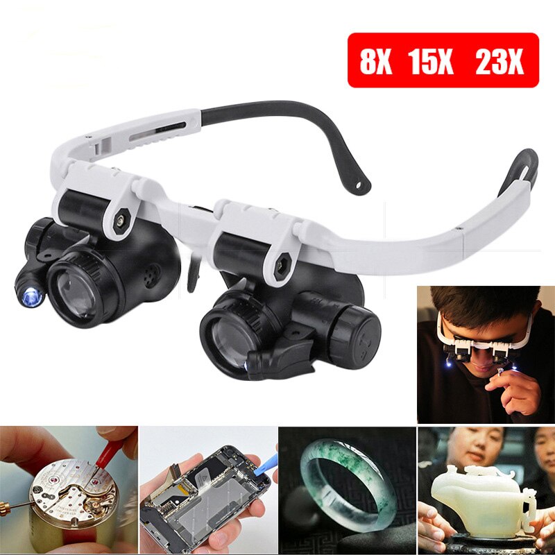 ZK30 Magnifying Glass Glasses loupes Magnifier Eyewear with LED Lighting Watch Repair 8x 15x 23X Dual Eye Jewelry Loupe Lens
