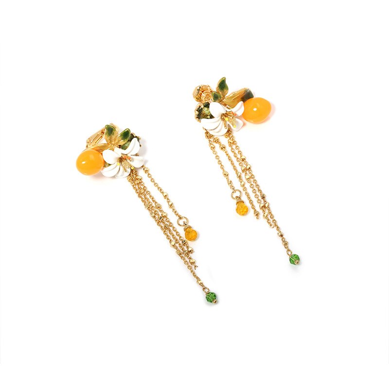Romantisk søte oransje blomster perle ørering ring armbånd armbånd halskjede smykkesett for kvinner hvite blomster smykker: Ørepynt med no7 klips
