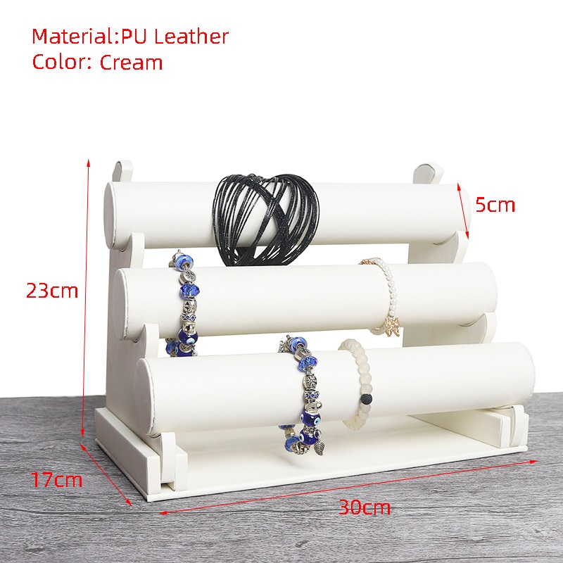 1pcs Vintage PU Leather / Velvet Bracelet Chain Watch T-Bar Rack Jewelry Organizer Hard Display Stand Holder: 3Layers Cream PU