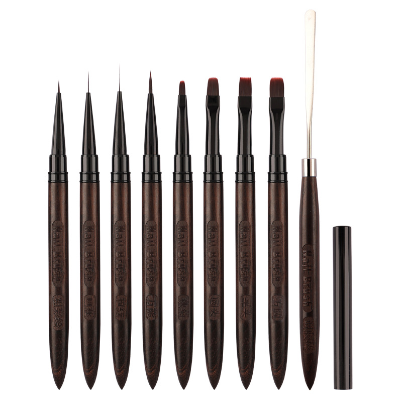 Pincel redondo con mango de madera para decoración de uñas, espátula Triangular, línea de pintura de dibujo, herramientas de manicura de Metal redondas y planas: Borgoña