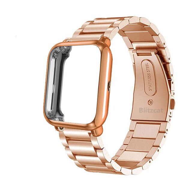 For Amazfit Amazfit Bip 5 3 S U Pro Lite Band Stainless Steel Metal Strap For Amazfit GTS4 3 2e Mini with Screen Protective Case: XS / Rose Gold