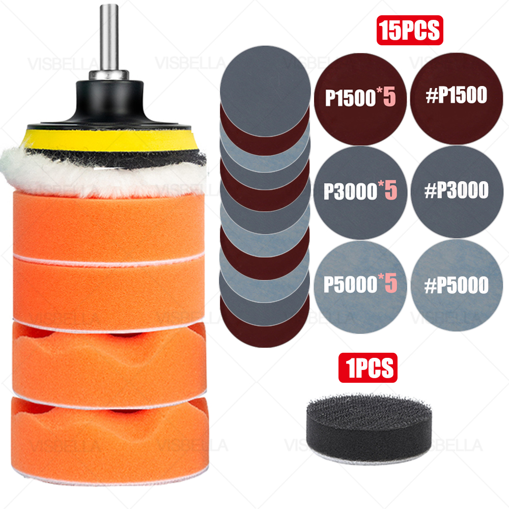 3Inch Car Polishing Kit Sponge Foam Pad Auto Headlight Wheel Polisher Polishing Refurbish Abrasive Disc Sandpaper Buffing Pads: package  16