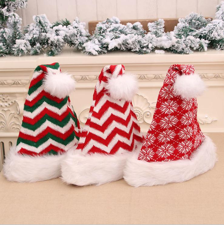 Christmas Santa Hats Stripe Color Block Fleece Knitted Cap Party Costume for Women Men