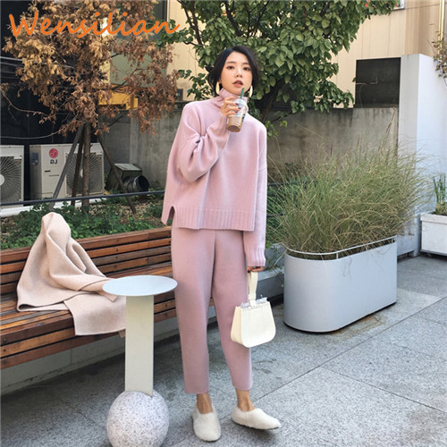 Women's Tracksuit Set - Knitted Turtleneck Pullover - 2 Piece Casual Outfit