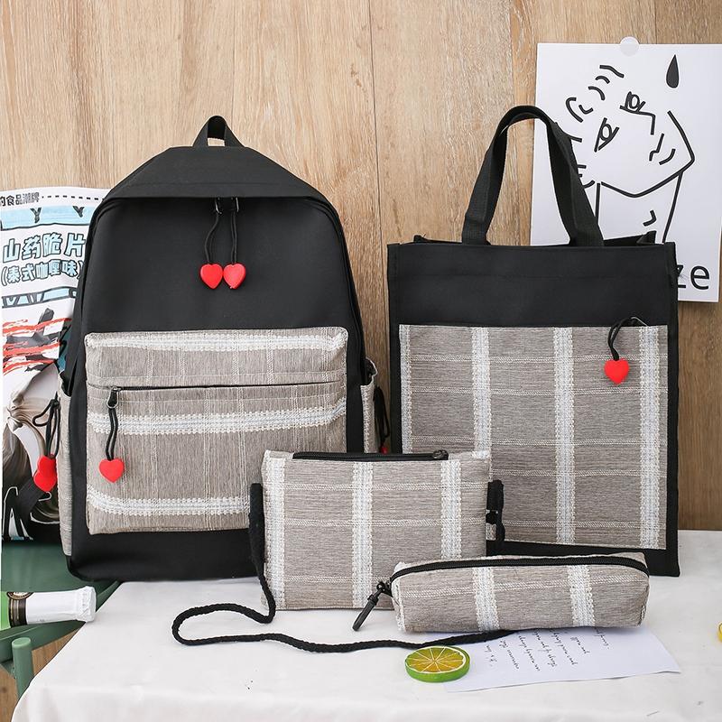 4 pièces ensemble de sacs d'école corée sac à dos pour adolescent filles toile femmes sac à dos pour ordinateur portable étudiant livre sac Mochila Escolar cartable: Black