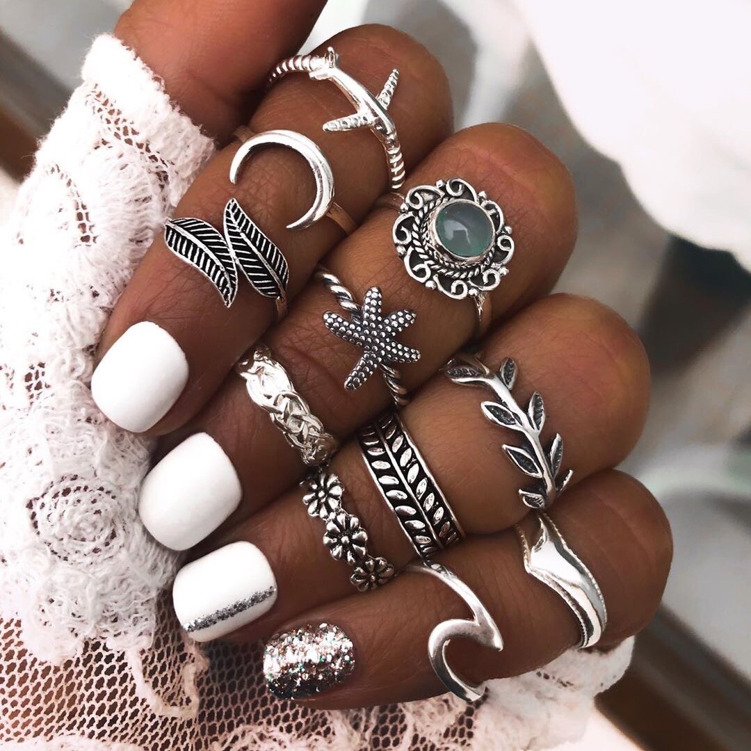 Bohemian Rings For Women Antique Silver Color Angle Anel Knuckle Gothic Punk Initial Ring Set Boho Jewelry Anniversary Gif: 12