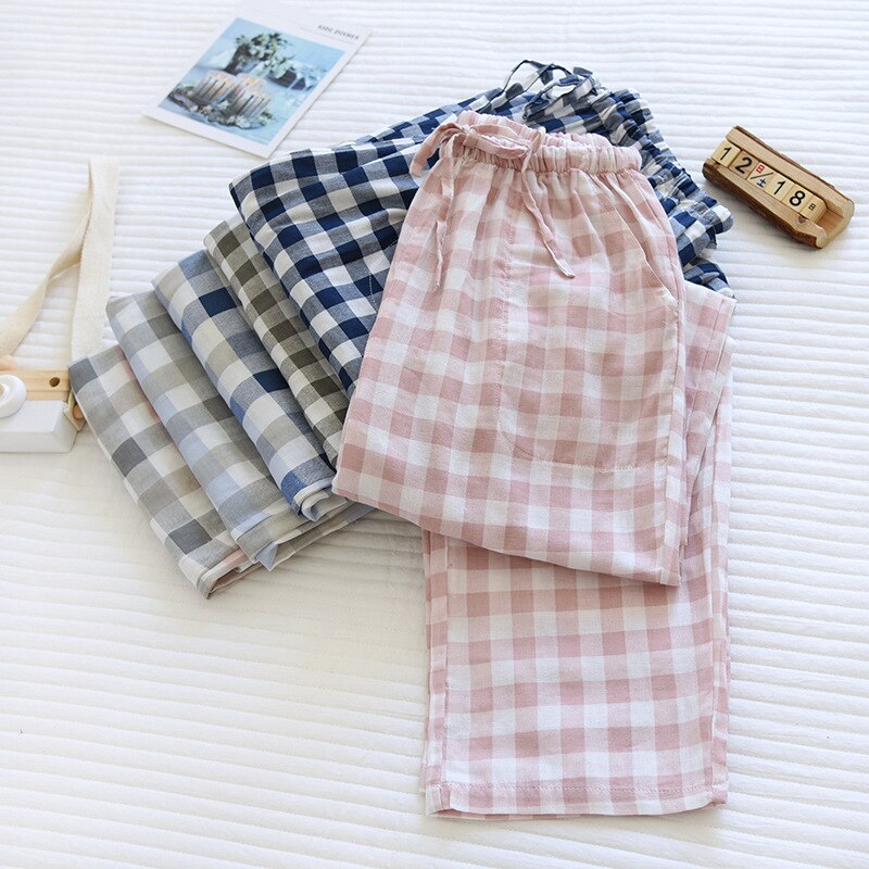 Pyjama en coton à carreaux pour femmes, pantalon ample, taille élastique, décontracté, simple, confortable, doux, pour la maison, printemps, 2022