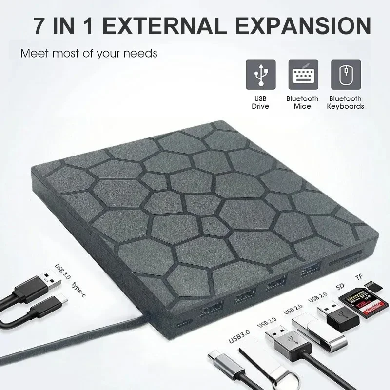 Portable CD Players 7 in 1 External CD RW DVD Optical Drives USB 3.0 Type C DVD Burner Reader for PC Desktop Mac Windows Linux