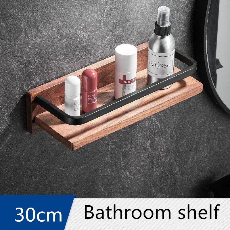 Juego de accesorios de baño, toallero negro de madera de nogal, soporte de papel higiénico, barra de toalla, gancho para Bata: Bathroom shelf 30cm