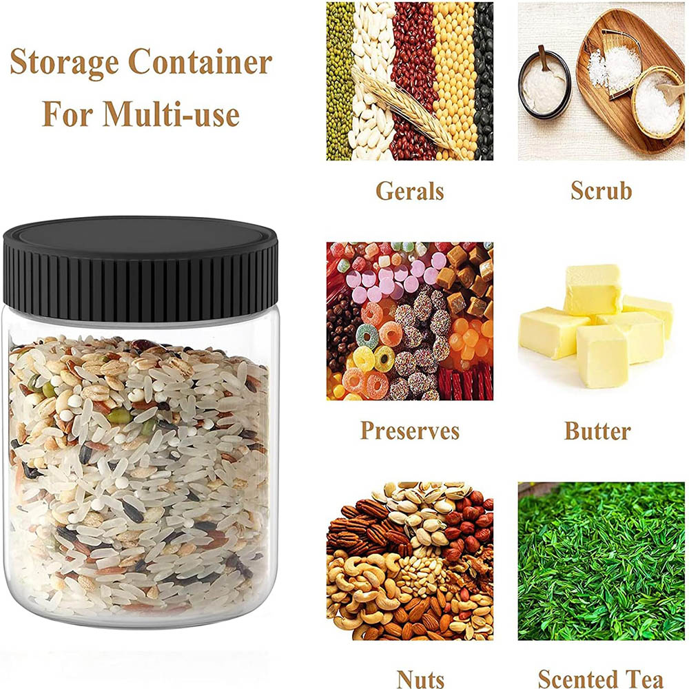 Frascos de plástico transparente de 8 Oz con tapas negras, contenedores de almacenamiento de cocina recargables para alimentos secos, café, nueces y más, paquete de 6