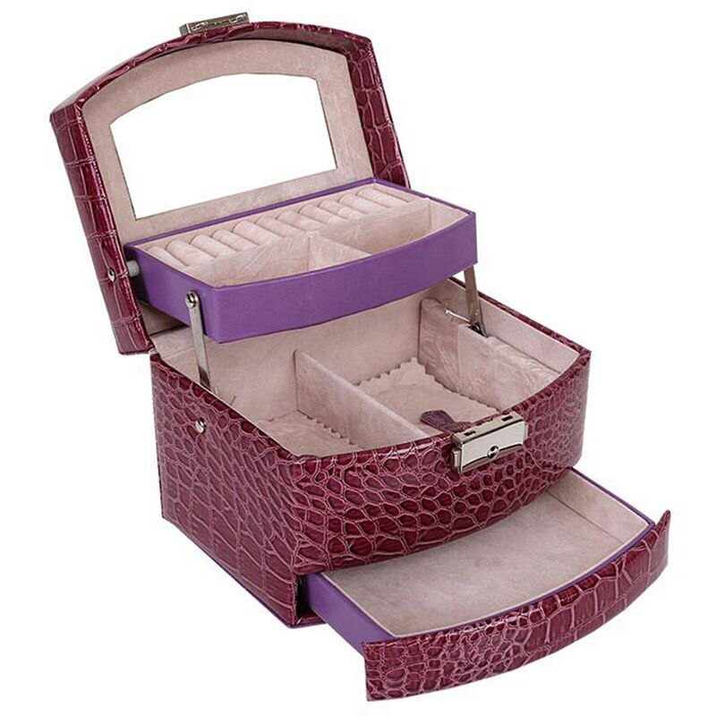 Automatische leren sieradendoos met drie lagen, opbergdoos voor dames, oorbellen, cosmetica-organizer, kistje voor decoraties: Paars