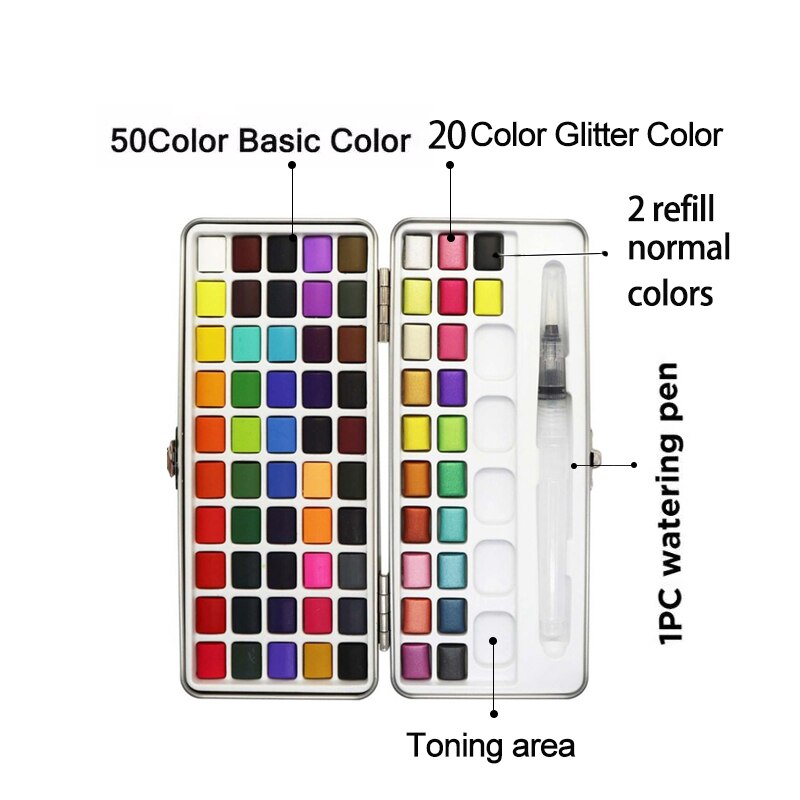 50/72/90 Kleur Solide Aquarel Set Draagbare Metalen Doos Basic Neone Glitter Parel Aquarel Verf Voor Tekenen art Verf Levert