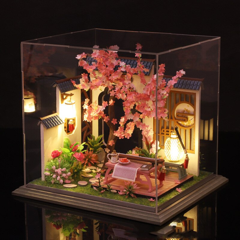 DIY Holz Puppe Haus Bausatz Montiert Miniatur Möbel mit Zubehör Chinesische Casa Licht Puppenhaus Spielzeug für Erwachsene Weihnachten: B mit Staub Startseite