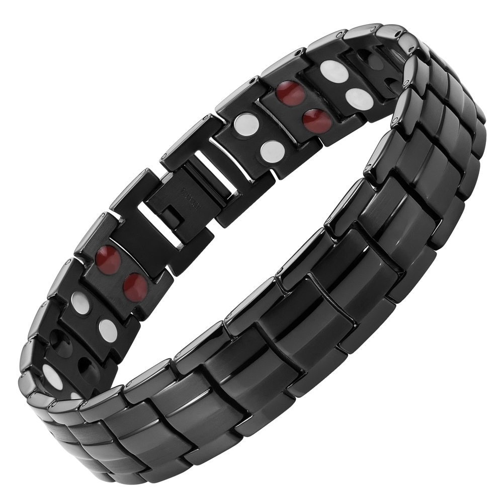 FINE4U B389 Mens Titanium Magnetic Bracelets Arthritis Relief Pain Health Double Row 4 Elements Strong Magnets