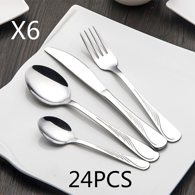 24/30 PCS Western Food Stainless Steel Cutlery Set Gold-plated Magic Cutlery Spoon/Fork/Knife Kit Dinnerware Sets: Silver 24PCS