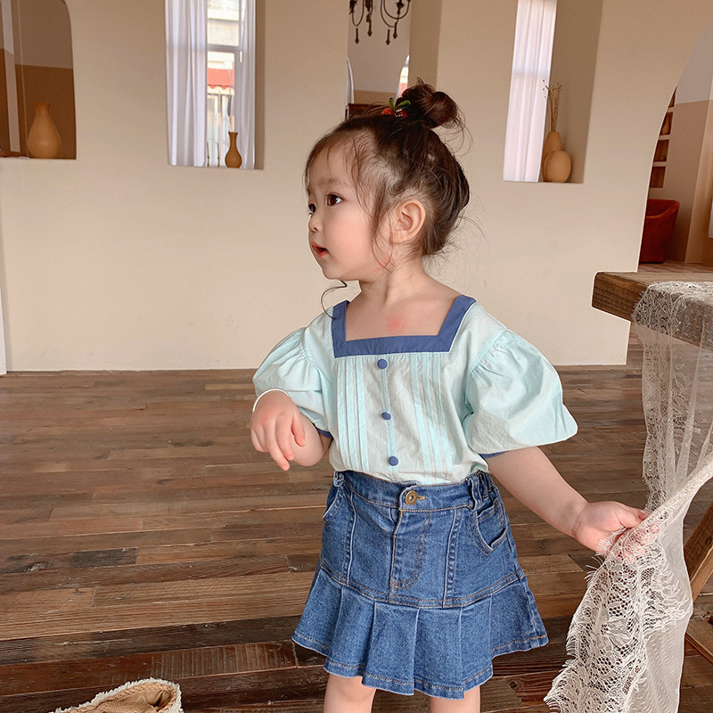 Zomer Koreaanse Stijl Baby Meisjes Katoenen Blouses Pure Kleur Bladerdeeg Mouw Tops Peuters Kids Vierkante Kraag Shirts