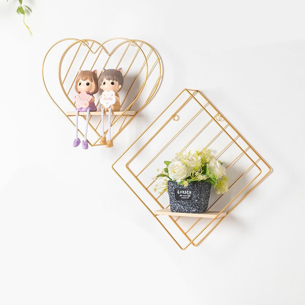 Modern Iron Wire Floating Shelves, Geometric Wall Shelves Decorative Wood and Metal Hanging Shelf Rustic Farmhouse Decor