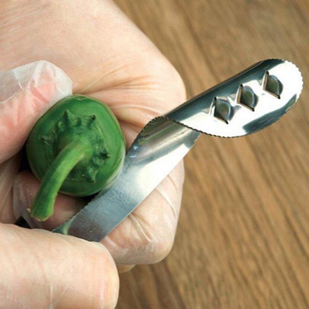 Roestvrijstalen jalapeñopeper zaaimachine handvat gekarteld rand ontpitter kersen olijf ontpit handzame chili ontpitter
