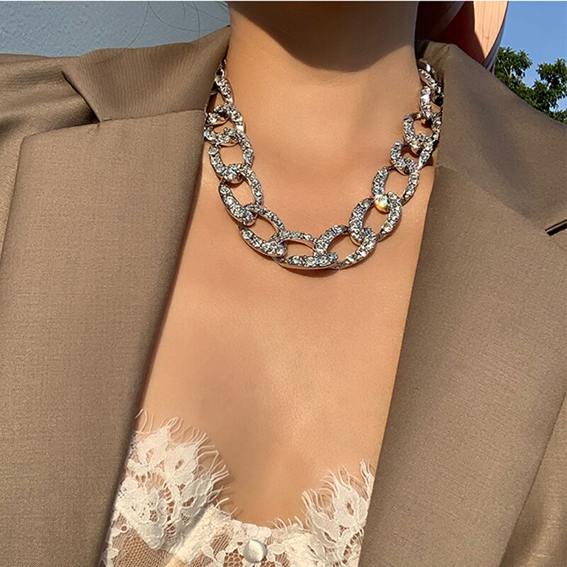 Peri'caja Color plata brillante gruesa cubana cadena collares Rhinestone gargantilla collares para las mujeres de palanca de cierre collar de declaración