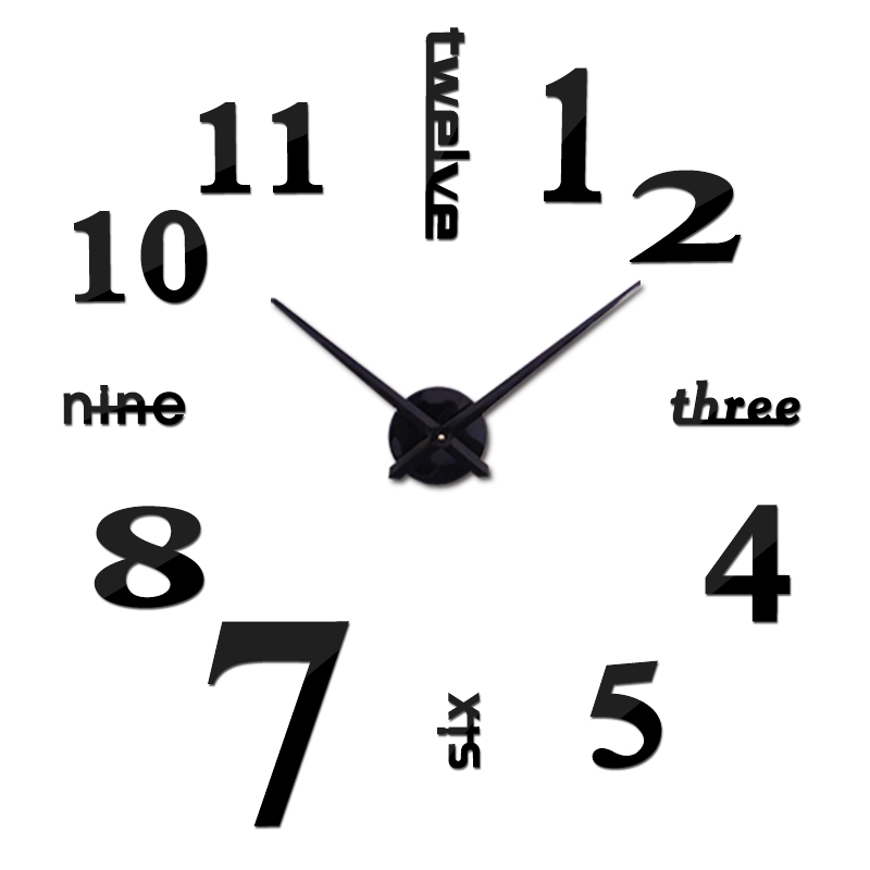Neue wanduhr uhren reloj de gekürzt uhr 3d diy Acryl spiegel Aufkleber Quarz Moderne Heimat Dekoration freies: Schwarz / 47Zoll