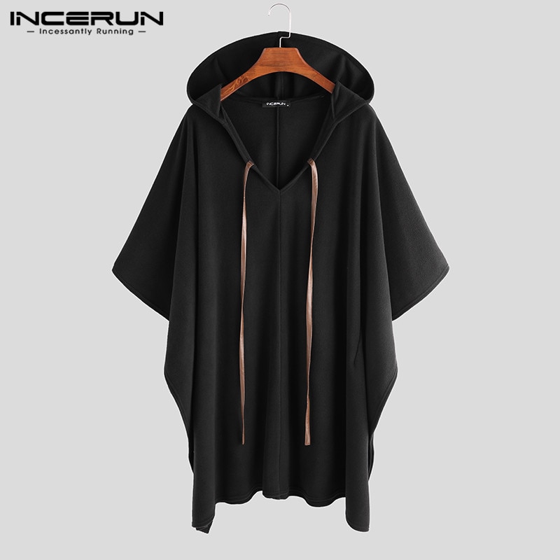 Incerun menn kappe strøk hette ensfarget cape poncho løs v -hals streetwear frakk uregelmessige menn lang grøft s -5xl