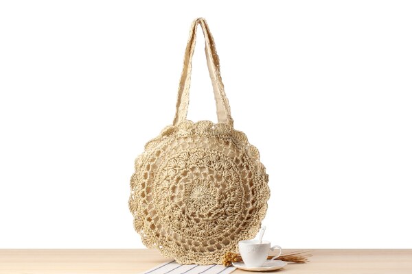 Boheemse holle ronde strozakken voor vrouwen, gevlochten rieten schoudertassen, rotan handtassen, casual zomer strand grote tassen dames handtas: Beige