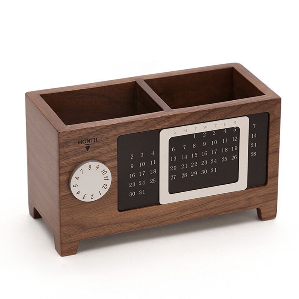 Wooden Organizer Pen Pencil Holder Case With Calendar Ornaments Table Storage Container 2 Grids Wooden Storage Box: A2