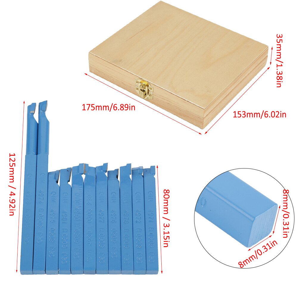 11Pcs 8*8mm Lathe Tools Carbide Tipped Welding Milling Cutting Turning Tool Set