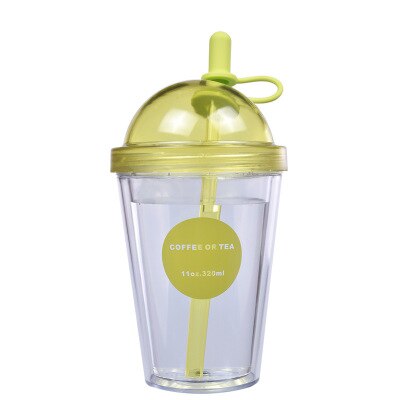 plastic adult mugs with straw milk tea coffee cup with lid double-deck student couple juice glass portable water bottle: green / 520ml