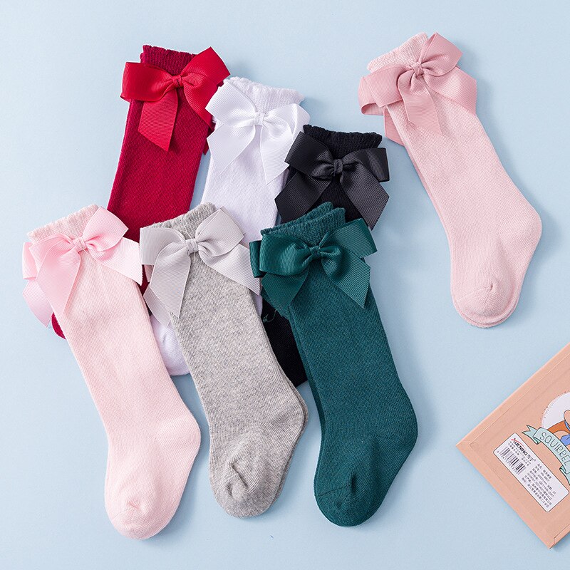 Zachte Katoenen Baby Meisje Sokken Herfst Winter Leuke Boog Prinses Meisje Kniekousen Effen Kleur Elastische Baby Peuter Kinderen Sokken