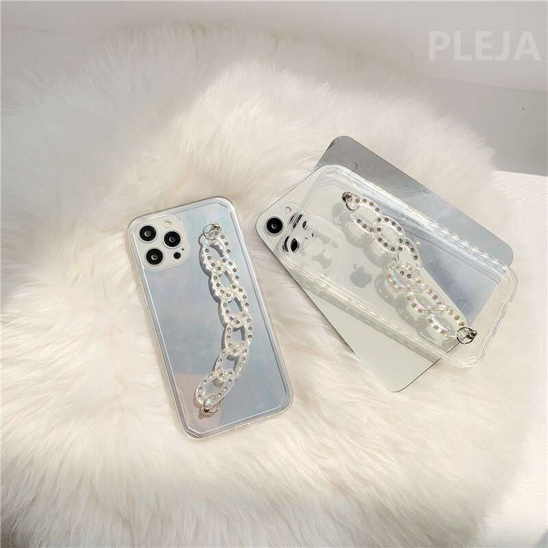 Luxury Rhinestone Chain Wristband Mirror Phone Case For iphone 12 mini 11 Pro max 7 8 plus SE X XR XS Max Clear Hard Cover