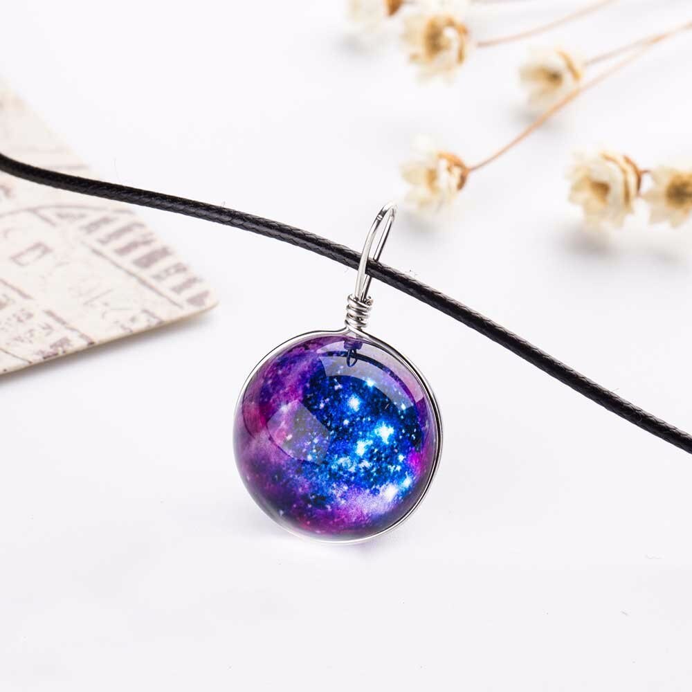 Nebula Ruimte Universe Galaxy Ketting Sterren Glas Bal Hanger Kristal Collares Planet Patroon Lederen Ketting Ketting Voor unisex