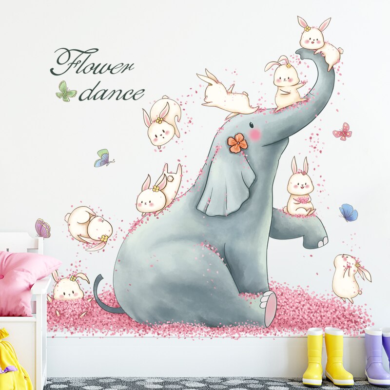 Cartoon Blauwe Olifant Met Leuke Konijntjes Muursticker Bloem Dans Behang Home Decor Voor Kid 'S Woonkamer Slaapkamer Muur muurschildering