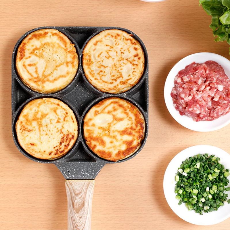 Poêle à omelette 4 trous pour œufs de Burger machine à crêpes jambon manche en bois marmite antiadhésive cuisson petit déjeuner