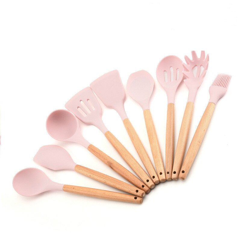 Ustensiles de cuisine en silicone, 11- pièces, ustensiles de cuisine antiadhésifs, cuillère de cuisine, spatule, manche en bois, ustensiles de cuisine: 9 pièces