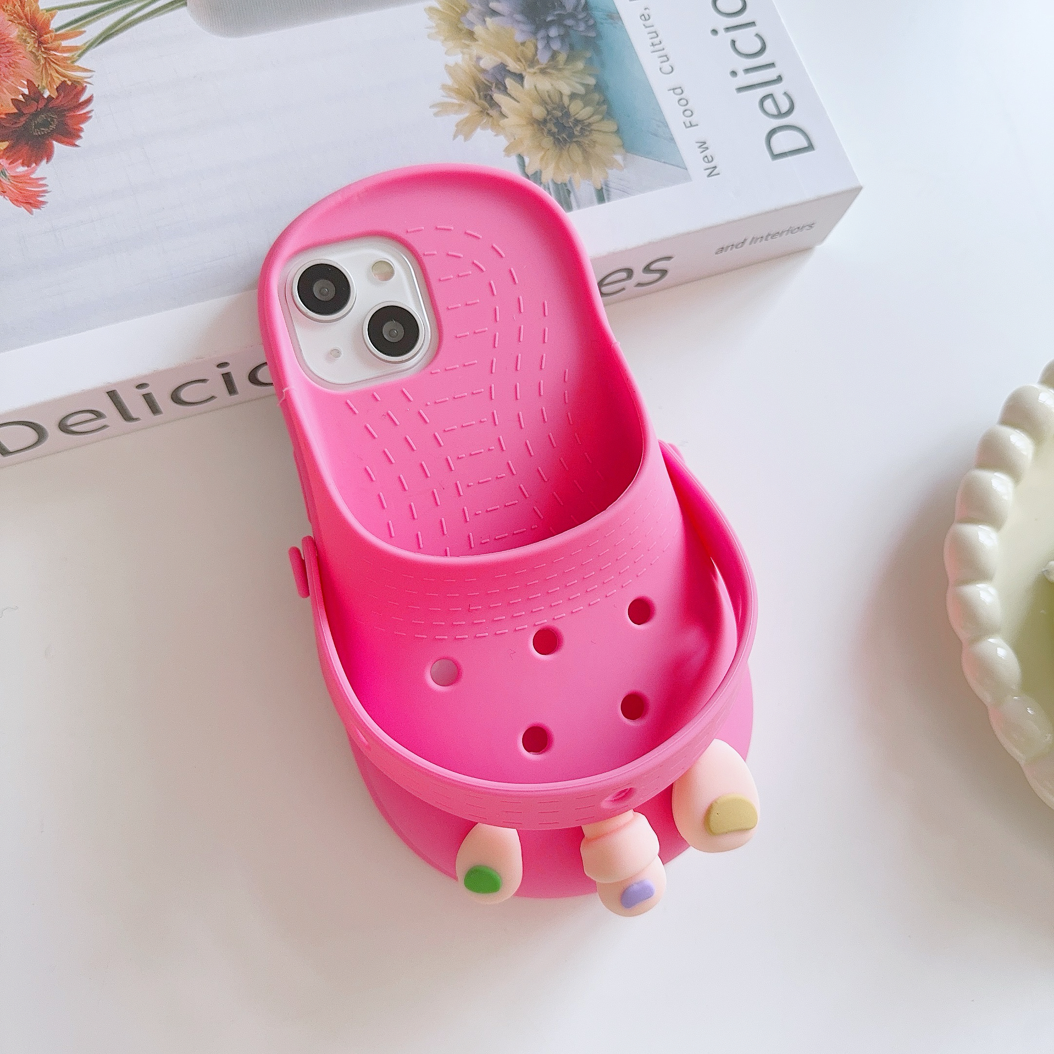 3D drôle bricolage trous orteils charmes croco pantoufles été doux Silicone coque de téléphone pour iPhone 12 13 14 15 16 Pro Max couverture respirante: Rose / Pour iPhone 15