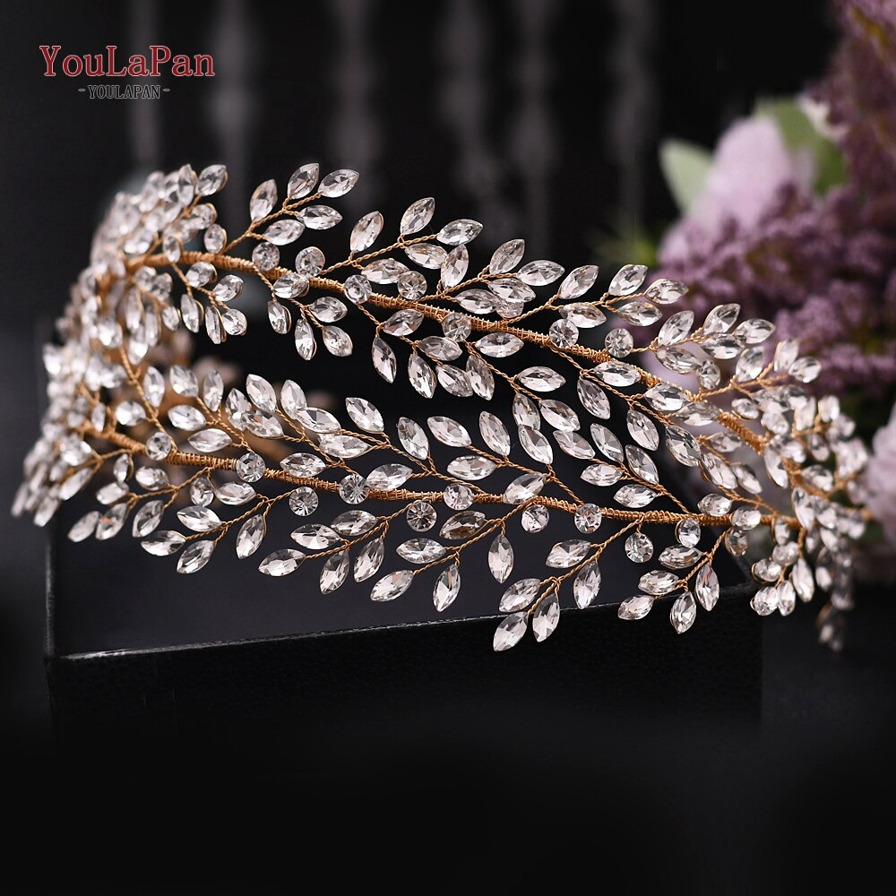 YouLaPan HP304 Luxuriöse Strass Stirnband Silber Hochzeit Kopfschmuck Bling Braut Diademe und Kronen Kristall Braut Headwear: HP308-Gold