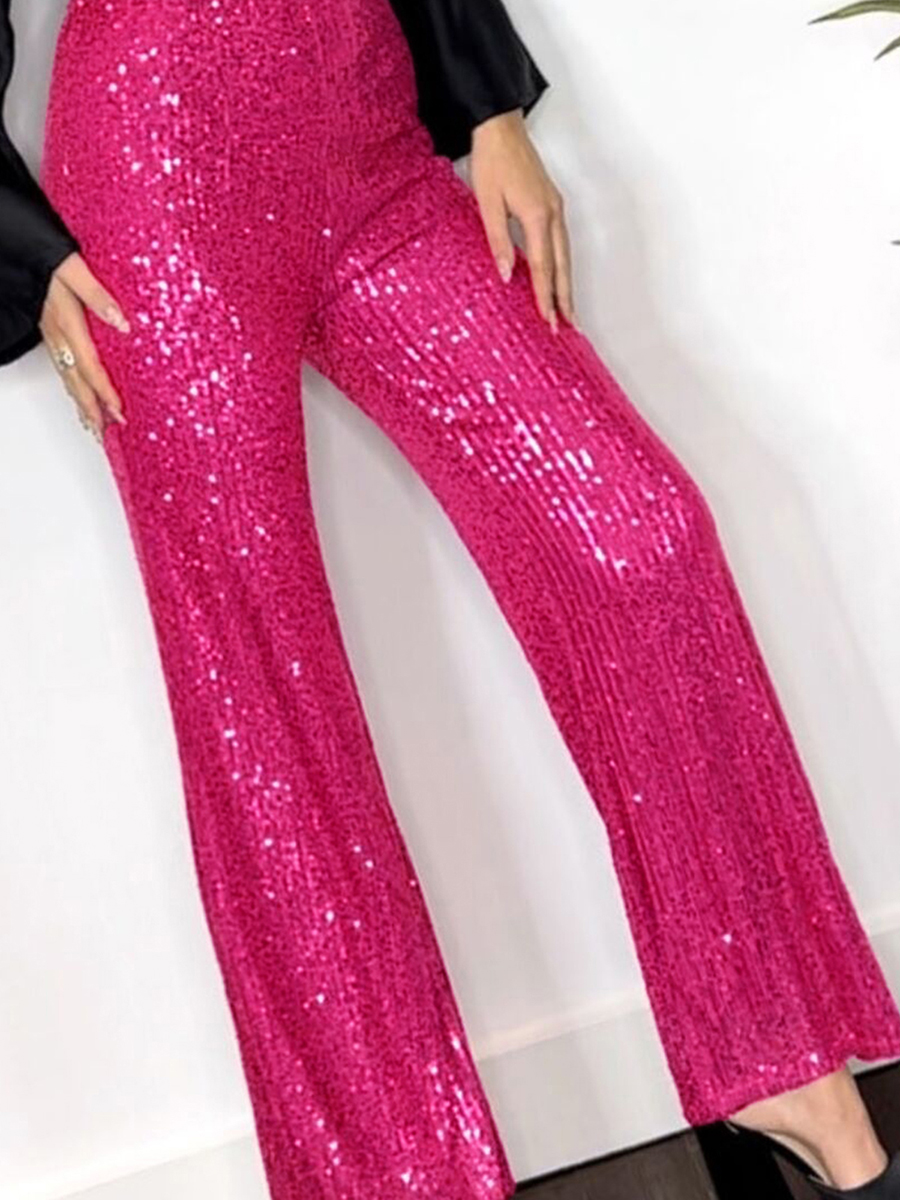 wsevypo Shiny Sequins Wide Leg Pants for Women Casual Loose Elastic High Waist Straight Leg Trousers for Office Streetwear: L / Rose Red