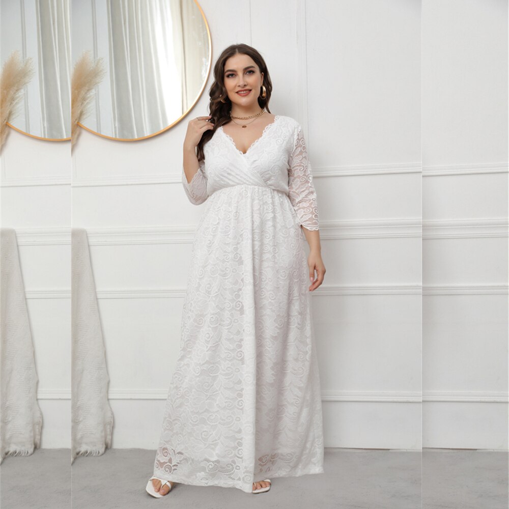Spring European And American Style Plus Size V-Neck Evening Dress Hollowed Out Lace Dress For Women