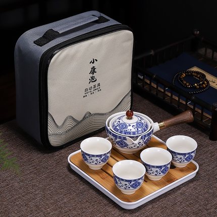 Chinese Porcelain Gongfu Tea Set with 360 Rotation Tea maker and Infuser for Gifting,Travel,Home,Outdoor,Office, Picnic Business: C-Style 3