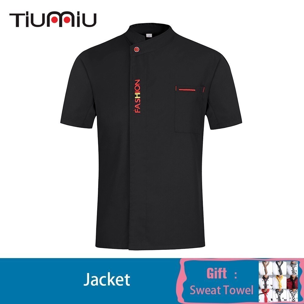 Chef Waiter Short Sleeve Jacket Kitchen Restaurant Uniforms Unisex Hotel Sushi Costume Barbershop Work Clothes Free Scarf