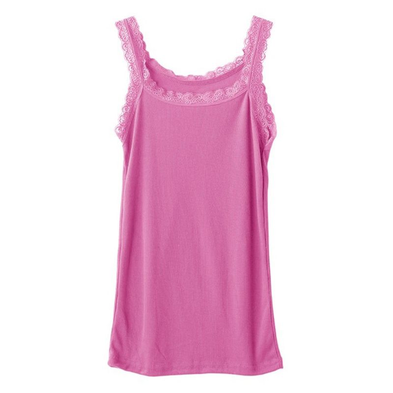 Vrouwen Zomer Mouwloze Tank Solid Candy Kleur Basic Hemdje Bloemen Kant Trim Geribbelde Gebreide Casual Ondergoed Slanke Vest: Pink