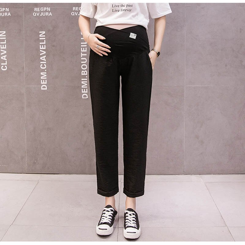 Popular Casual Pregnant Women Loose Pants Maternity Adjustable Trousers Black Grey Pink Waist: Black / M