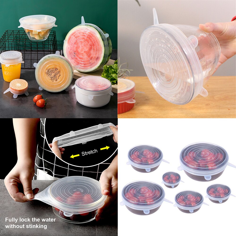 6 Piece Kitchen Retractable Silicone Cover Microwave Oven Cover Universal Food Preservation Refrigerator Cookware Reusable
