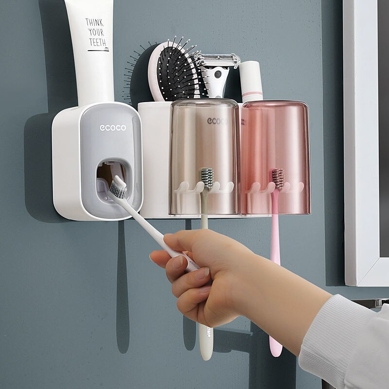 ECOCO – distributeur automatique de dentifrice à pression, accessoires de salle de bains, poinçon gratuit, ensemble de porte-brosse à dents, support de rangement mural: Figure 1